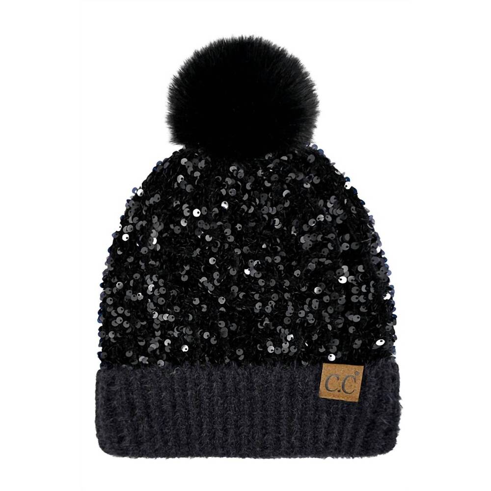 NEW CC BEANIES women's fleece lined sequin beanies in black